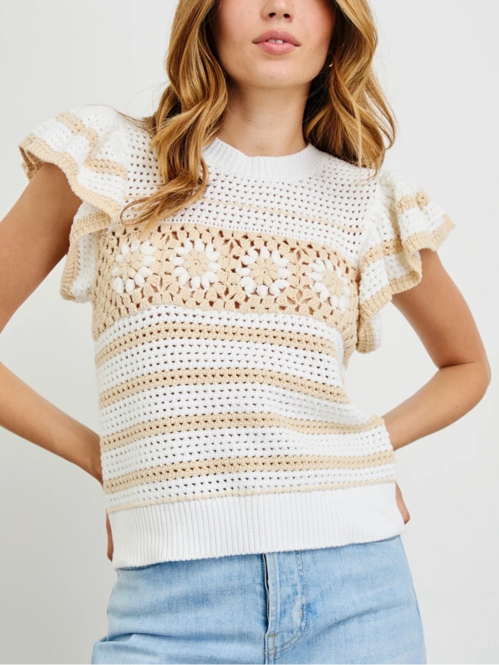 Rails Penelope Cream and Beige Floral Crochet Stripe Knit Top